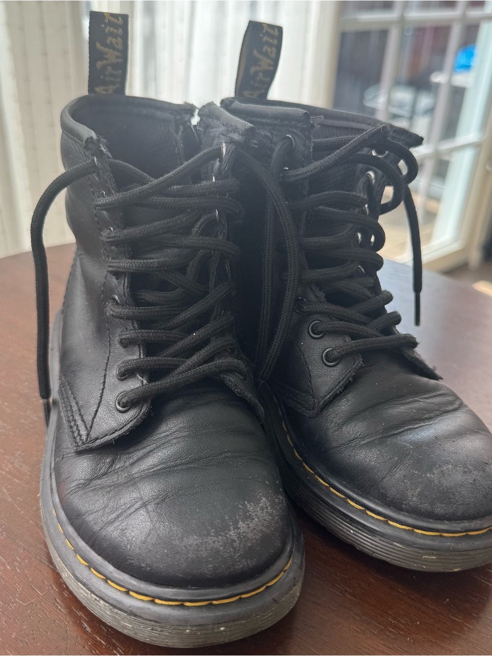 Dr. Martens Kids Black Leather Lace-Up Boots with Yellow Welt